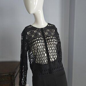 Topshop Black Mesh Crochet Long Sleeve Top – Size Medium